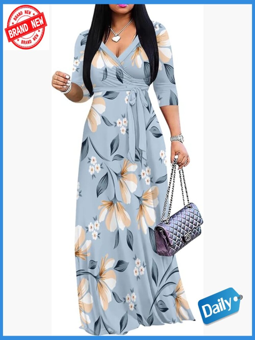 Plus Size Floral Maxi Dress 3/4 Sleeve Wrap V Neck Flowy with Belt
